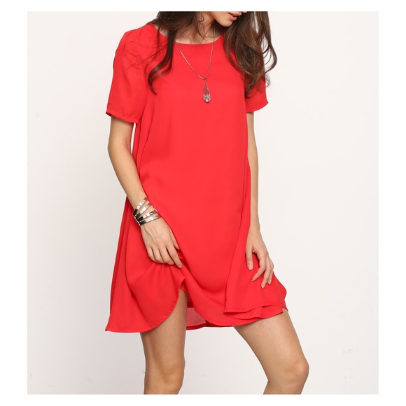 Bright Red Short Sleeve Backless Shift Dress - Picture 3 of 8